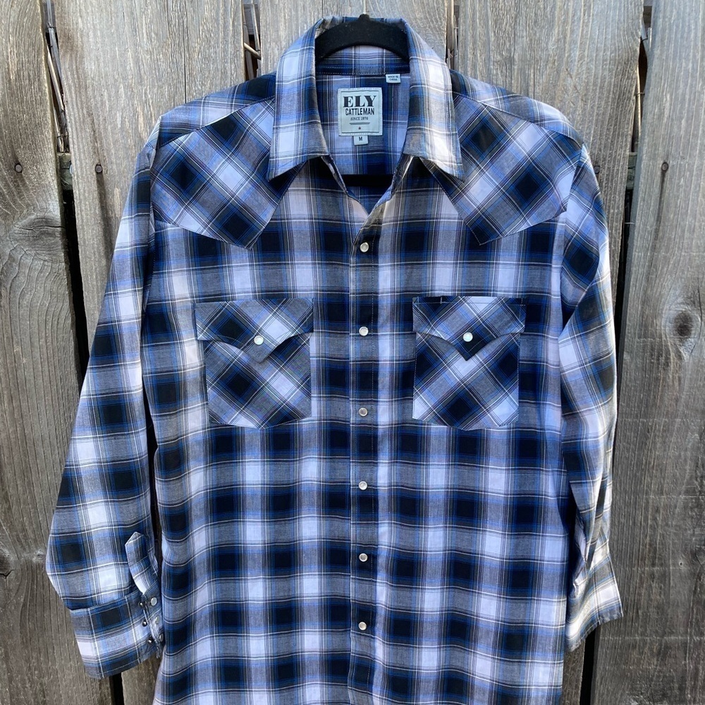 Men's Ely Cattleman‎ Western Shirt Striped Snap M Ranch Cotton Cowboy Rodeo Work
